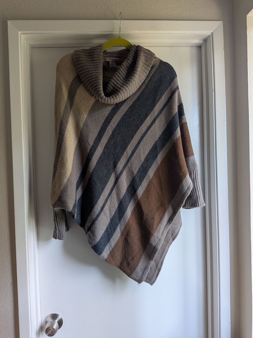 fresh Striped Cowl Neck Poncho Sweater - Taupe, Brown & Gray
